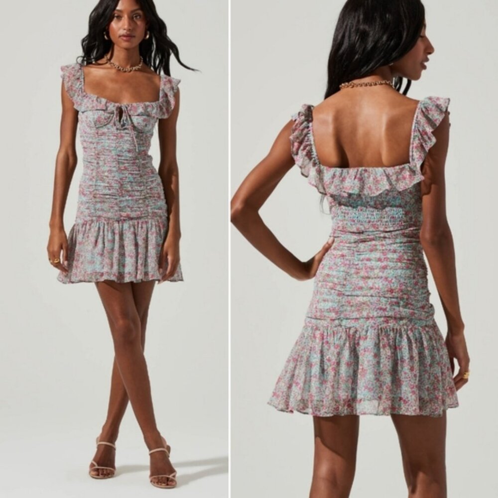 Astr Floral Ruffle Mini Dress in Pink and Green